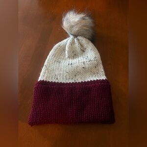 Stylish Burgundy and Cream Pom-Pom Beanie